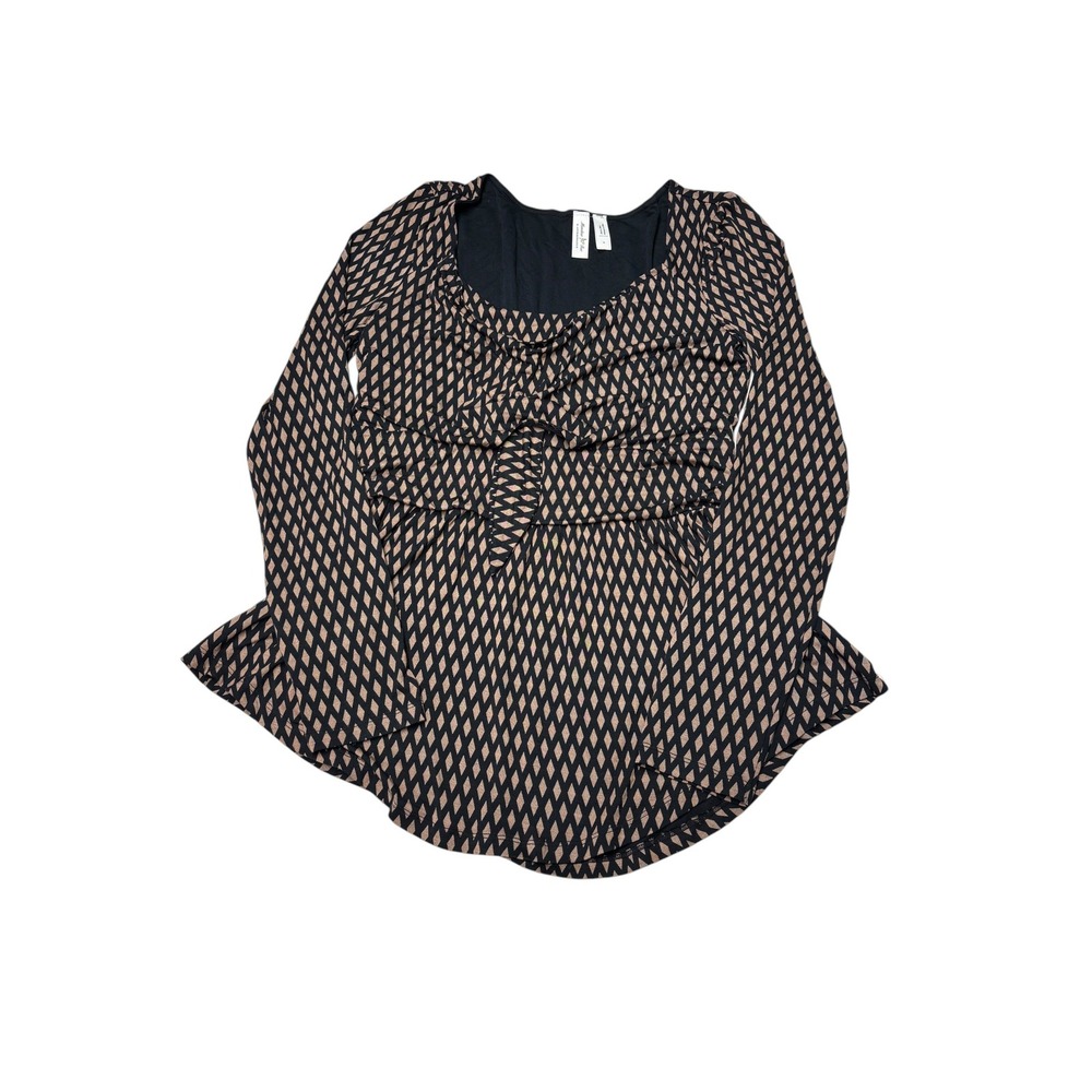 Meadow Rue Anthropologie Diamond Print Tie Front Peplum Top Black Tan Womens S